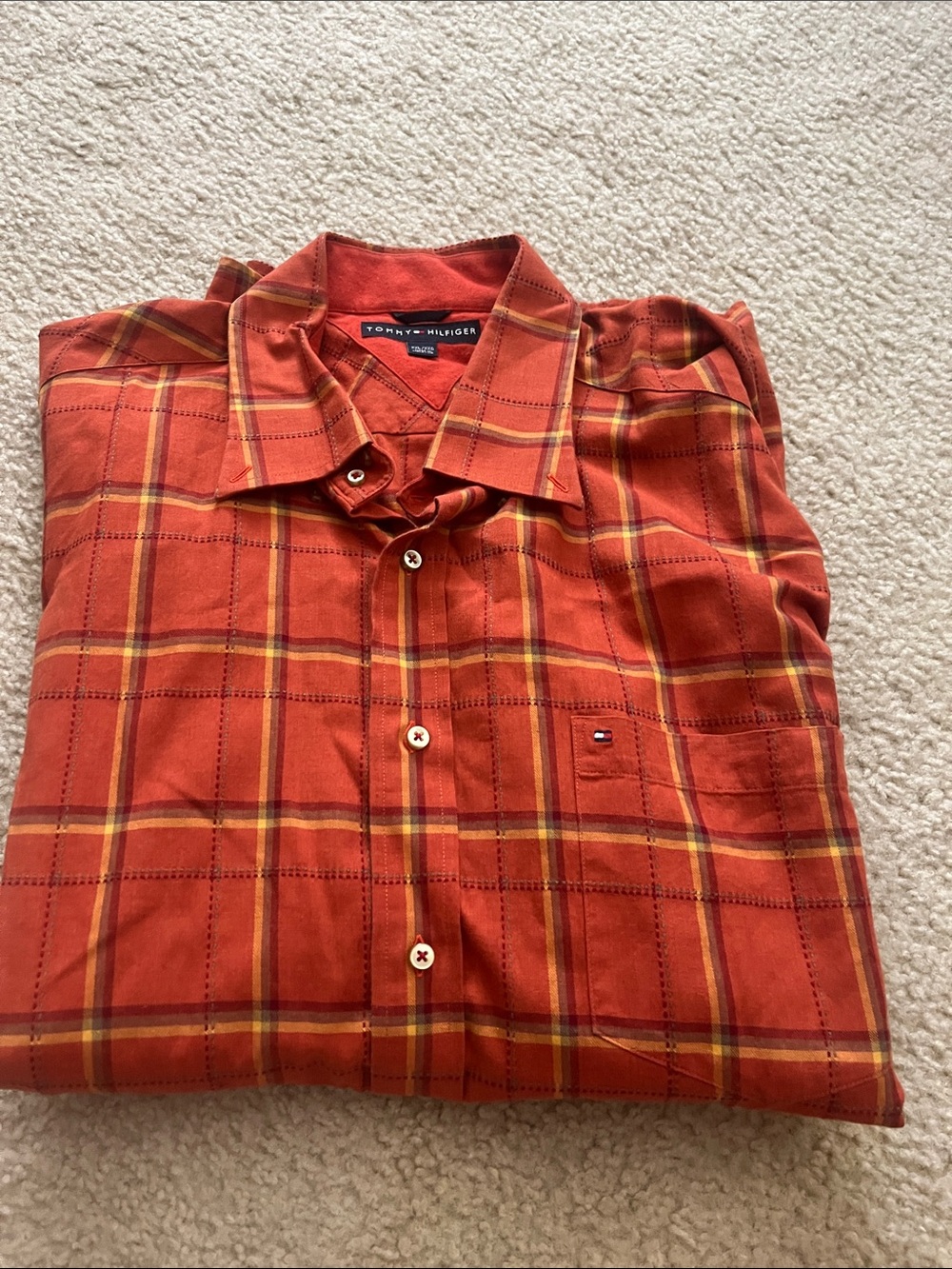 Tommy Hilfiger Men’s Orange and Yellow Plaid Button-Down Shirt